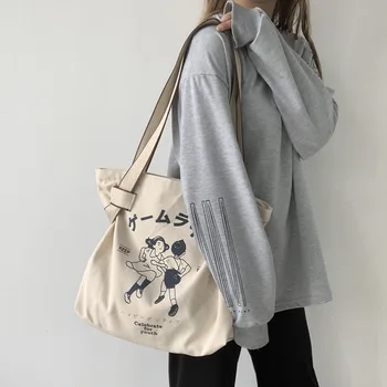 Moterų Canvas Tote Krepšiai Japonijos Studentų Pečių Medvilninio Audinio, Pirkinių Krepšys Ekologinio Sulankstomas Shopper Bag Moteriška Rankinė Momi krepšys