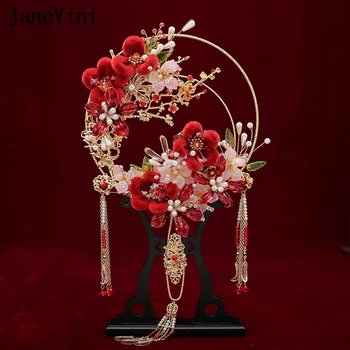 JaneVini Retro Red Kinijos Nuotakos Puokštės Ventiliatorius Dirbtinis Aksomo 3D Gėlės Perlai-Prabangos Metalo Tuščiaviduriai Ventiliatorius Vestuvių Priedai