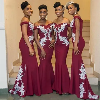 Bordo Bridesmaid Dresses su Balta Nėrinių 2022 Off Peties Afrikos Vestuves Chalatai Tarnaitė Garbės Suknelė Ilgai Prom dress