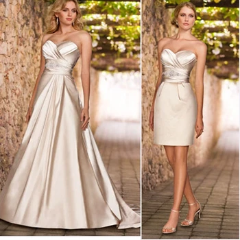Naujas 2 In 1 Vestuvinės Suknelės Satino Apvalkalas, Trumpas Sijonas Nuimamas A-line Wedding Suknelė Vestido De Noiva Rankovių Nuotakos Suknelės 2021