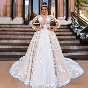 A-Line Wedding Suknelė 2023 Moterų ilgomis Rankovėmis Prabanga Puošnios Nėrinių Aplikacijos Seksualus V-Kaklo Princesė Vestuvių Suknelė Vesido De Noiva Skraiste