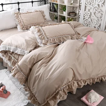 Medvilnės korėjos lova sijonas stiliaus medvilnės chaki išsiuvinėti nėriniai antklodė padengti kieta spalva princesė mergina širdies patalynė