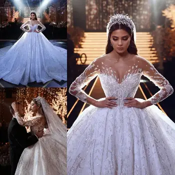 2020 Arabų Vestuvių Suknelės Puošmena-Kaklo Nėrinių Appliques Karoliukai Valymo Traukinio Šalies Vestuvių Suknelė Užsakymą Vestidos De Novia