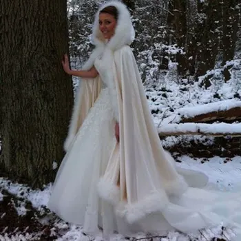 Mados nuotaka žiemos vestuvių apsiaustu apsiaustu su gobtuvu kailio apdaila ilgai nuotakos šilta striukė