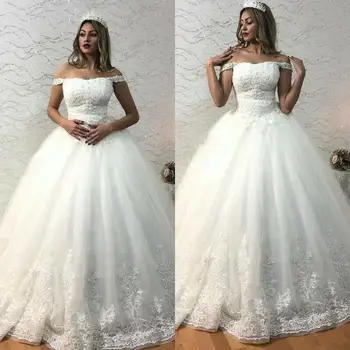 A-Line Wedding Dresses Off Peties Purus Tiulio Nuotaka Chalatai Appliques Užsakymą Pagaminti Valyti Traukinio Sodas Vestuvių Suknelės