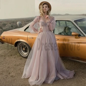 IL Dusty Pink Appliques Tiulio Vakaro Suknelės Ilgai Aikštėje Apykaklės Promenadzie Suknelė Iliuzija Žibintų Rankovės 3D Gėlių giedras hill suknelės