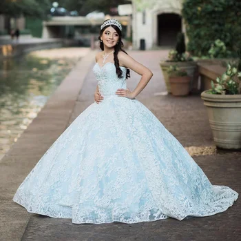 Šviesiai Mėlyna Quinceanera Suknelės 2021 Brangioji Rankovių Appliques Šalis Princesė Saldus 16 Kamuolys Suknelė Vestidos De 15 Años