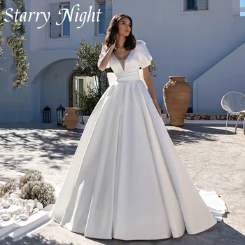 Kuklus Sluoksniuotos Rankovėmis Linijos Princesė Vestuvių Suknelė Su Laivapriekio Diržo Giliai V Kaklo Satino Vestuvių Suknelė Suknelės Moterims 2022 vestido