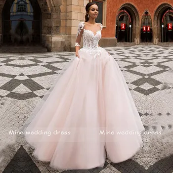 Pusė Rankovių Nuotakos Suknelė Linijos Appliques Tiulio Nėrinių Princesė Vestuvių Suknelė iki 2022 m. Chalatas de Mariee su Valymo Traukinio Vestuvių Suknelė