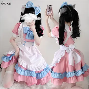 Vyrai Moterys Kambarinės Apranga Sexy Anime Cosplay Lolita Sijonas dvimatis Kostiumas Suknelė Rinkiniai rožinės spalvos Prijuostė Suknelė Saldus Kostiumas