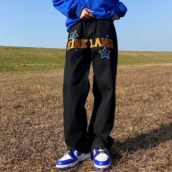 Vaikinas Harajuku Mados Streetwear Siuvinėjimo Spausdinti Žvaigždžių Black Džinsai Moterims Aukšto Juosmens Atsitiktinis Baggy Pants Pločio Kojų Kelnės