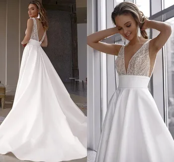 Elegantiškas Boho Nėrinių Satino Vestuvių Suknelės 2022 V-kaklo Backless Karoliukai Ilgos Vestuvinės Suknelės Oficialią Šalies Dėvėti Vestidos De Noiva