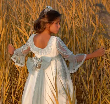 FATAPAESE Fėja Gėlių Mergaitės Suknelė Vaikas Derliaus Princesė Gėlių Nėrinių Juostelės Bridemini Bridesmaid, Vestuves Tiulio Suknelė