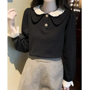 Prancūzijos Spalvų Kontrastas Pleistras Lėlės Kaklo Marškinėliai Palaidinė Moterų Rudenį Dizaino Slim Black Pliušinis Long Sleeve Top Megztinis