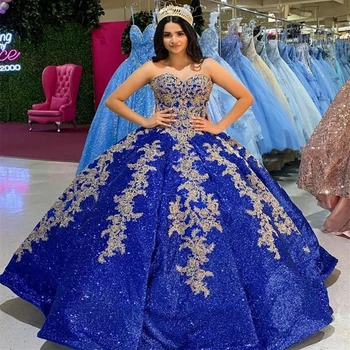 Princesė Blizgančiais Quinceanera Suknelę Royal Blue Spalvos Kamuolys Suknelė, Uždusęs Nėrinių Saldus 16 Ypatinga Proga-Šalis Suknelė