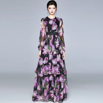 Naujas Mados kilimo ir tūpimo Tako Pavasario Gėlių Maxi Suknelė Moterų Tulip Gėlių Spausdinti Sluoksnis Raukiniai Moterų Elegantiškas Šifono Violetinė Ilgai Vestidos