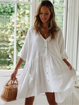 Paplūdimio Suknelės Moterims 2022 Vasaros Baltos spalvos Marškinėliai Tunika V Kaklo Prarasti Bikini Padengti su Kišenėmis maudymosi Kostiumėliai Paplūdimio