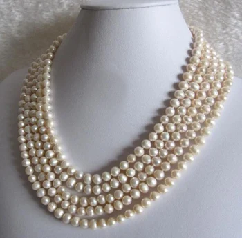 5 vijų 6-7mm baltų perlų 5 eilių karoliai natūralių gėlavandenių perlų Moteris Papuošalai 43cm 17