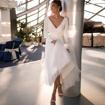 Elegantiškas A-line Wedding Dresses 2022 Moterims ilgomis Rankovėmis V-kaklo, Nuotakos Suknelė Backless Mygtuką Šiuolaikinės Nuotakos Suknelė Vestido De Novia
