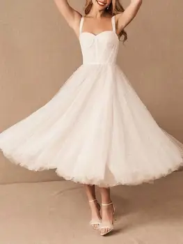 Maža Balta Suknelė-line Vestuvių Suknelė Paprasta Pakopų Tiulio Suknelė Vestuvių Suknelė su Atvira nugara Kelio Ilgis Paplūdimio Suknelės
